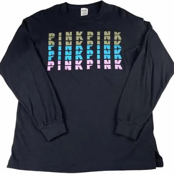 💗VS PINK BLACK MULTI COLOR LOGO LONG SLEEVE CAMPUS TEE - Picture 2 of 5